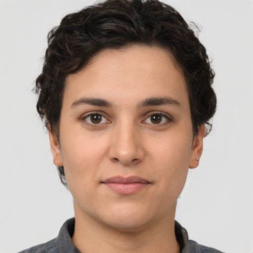 Neutral white young-adult female with short  brown hair and brown eyes
