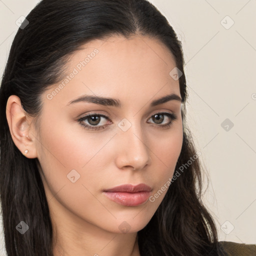 Neutral white young-adult female with long  brown hair and brown eyes