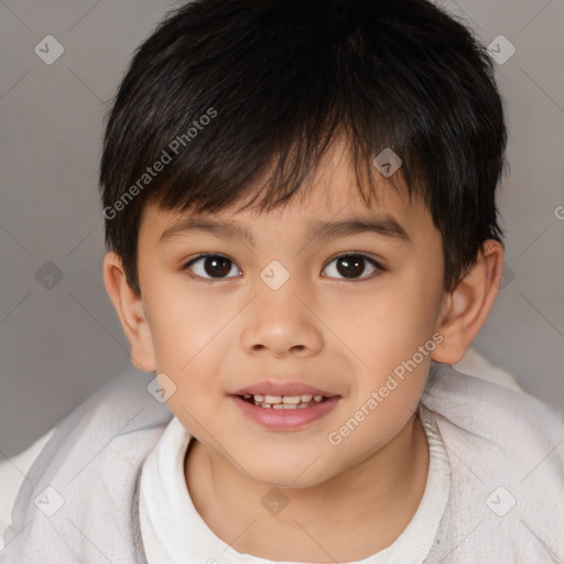 Joyful white child male with short  brown hair and brown eyes