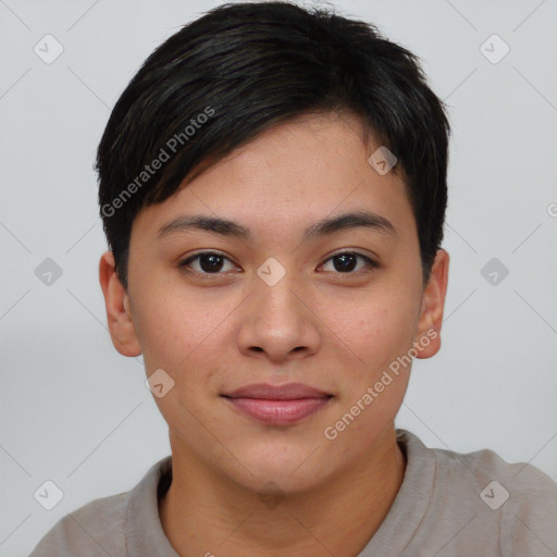 Joyful asian young-adult female with short  brown hair and brown eyes