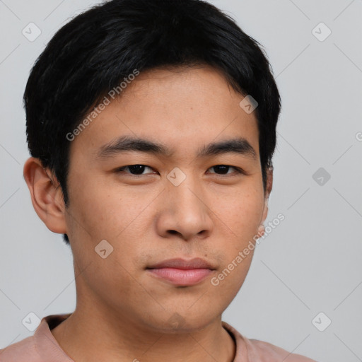 Neutral asian young-adult male with short  black hair and brown eyes