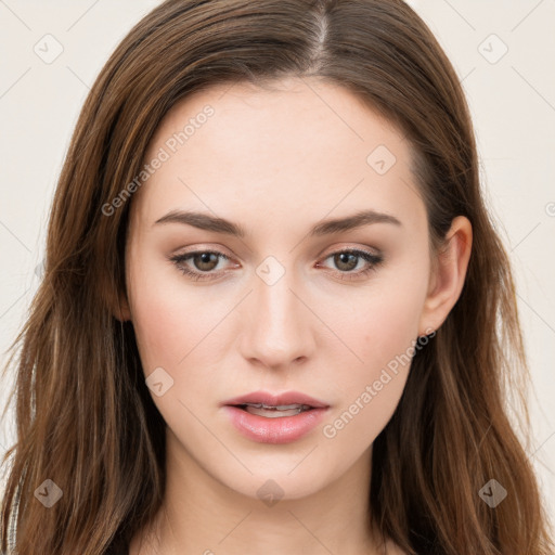 Neutral white young-adult female with long  brown hair and brown eyes