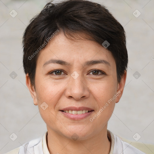 Joyful white young-adult female with short  brown hair and brown eyes