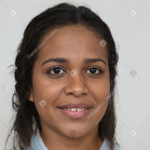 Joyful black young-adult female with medium  brown hair and brown eyes