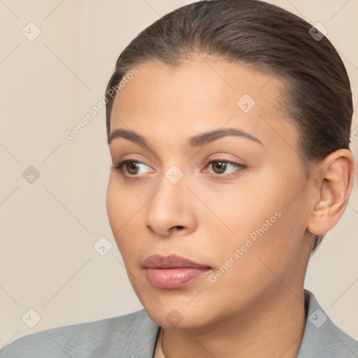 Neutral white young-adult female with short  brown hair and brown eyes