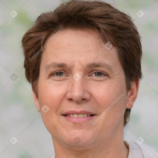 Joyful white adult female with short  brown hair and brown eyes