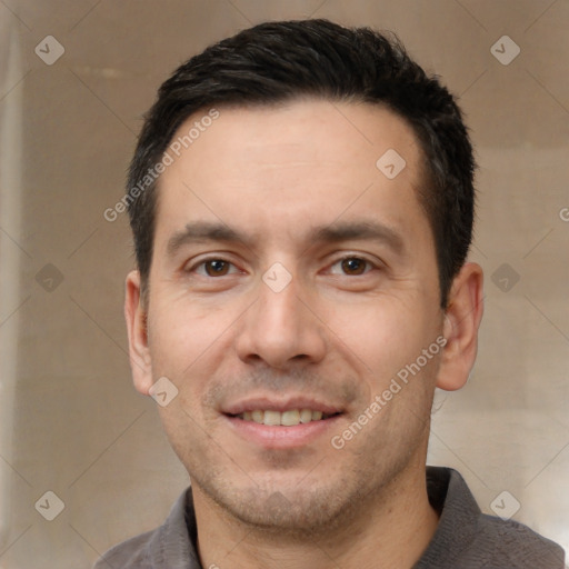 Joyful white young-adult male with short  brown hair and brown eyes