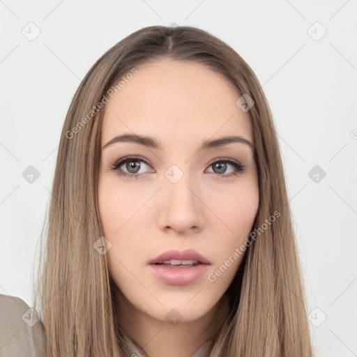 Neutral white young-adult female with long  brown hair and brown eyes