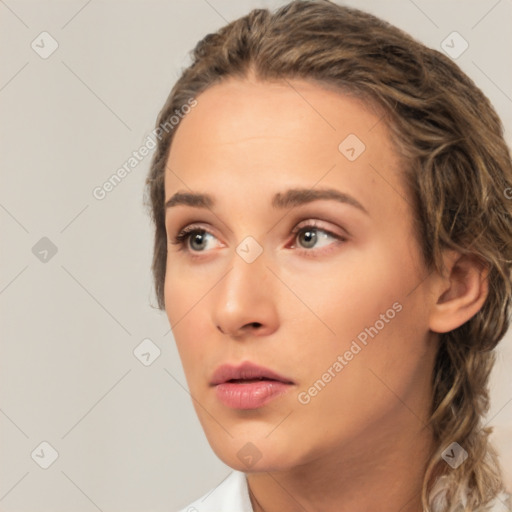 Neutral white young-adult female with medium  brown hair and brown eyes