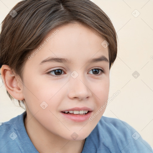 Joyful white child female with short  brown hair and brown eyes