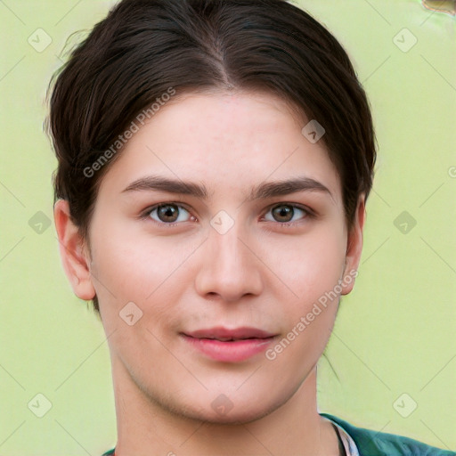 Neutral white young-adult female with short  brown hair and brown eyes