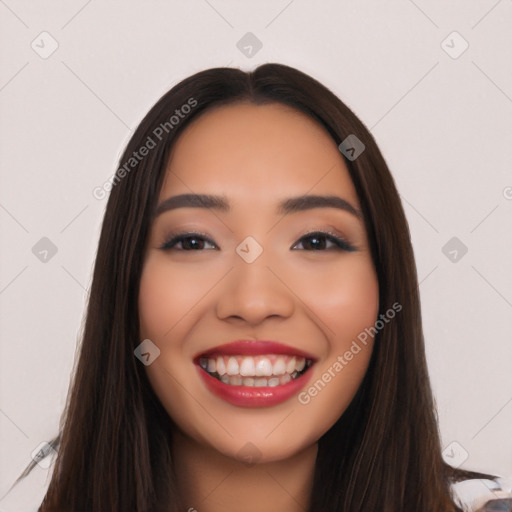 Joyful white young-adult female with long  black hair and brown eyes