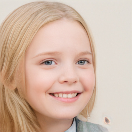 Joyful white child female with long  brown hair and blue eyes