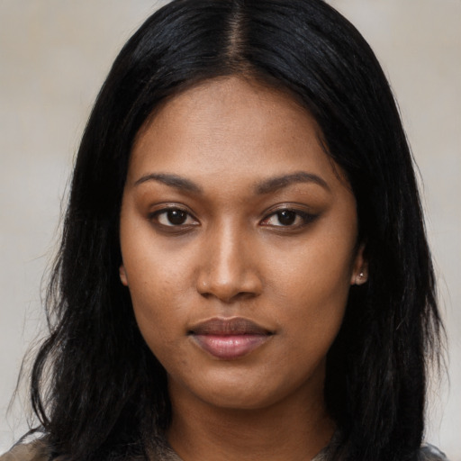 Neutral asian young-adult female with long  black hair and brown eyes