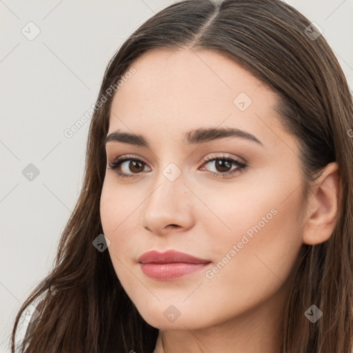 Neutral white young-adult female with long  brown hair and brown eyes