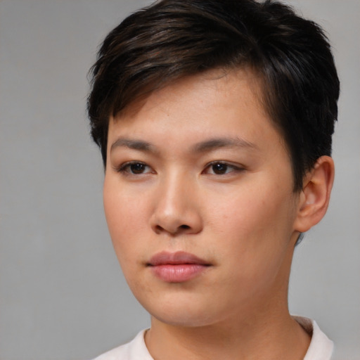 Neutral asian young-adult female with short  brown hair and brown eyes