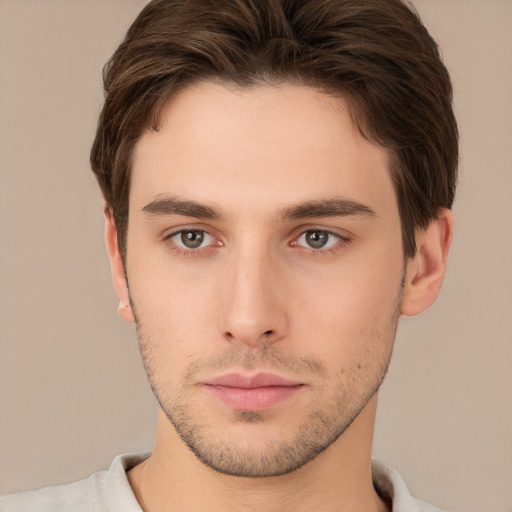 Neutral white young-adult male with short  brown hair and brown eyes