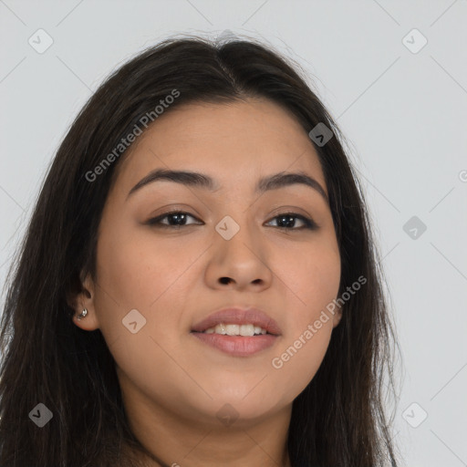 Joyful asian young-adult female with long  brown hair and brown eyes