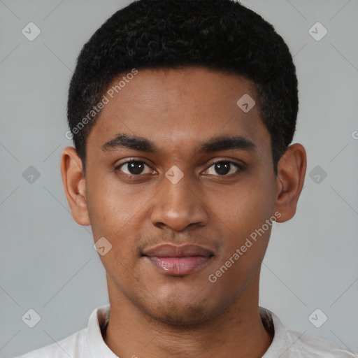 Joyful latino young-adult male with short  brown hair and brown eyes