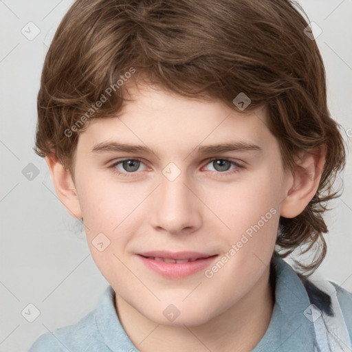 Joyful white young-adult male with medium  brown hair and grey eyes