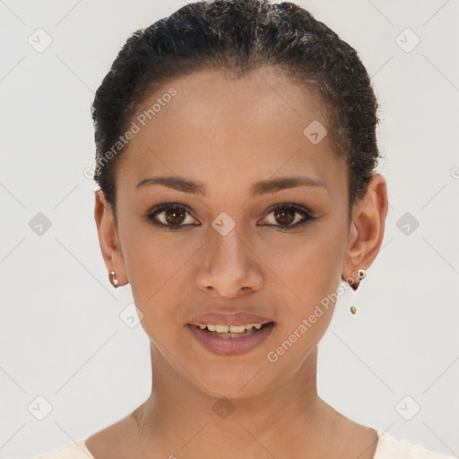 Joyful latino young-adult female with short  brown hair and brown eyes
