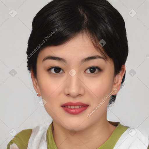 Joyful asian young-adult female with medium  black hair and brown eyes