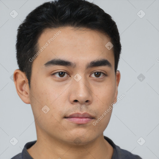 Neutral asian young-adult male with short  black hair and brown eyes