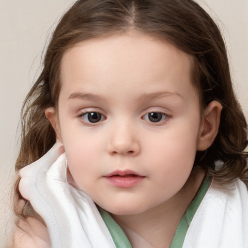 Neutral white child female with medium  brown hair and blue eyes