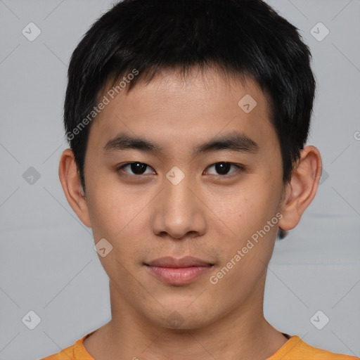 Neutral asian young-adult male with short  brown hair and brown eyes