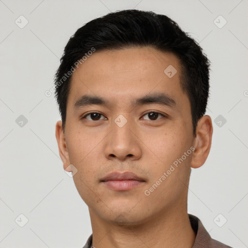 Neutral asian young-adult male with short  black hair and brown eyes