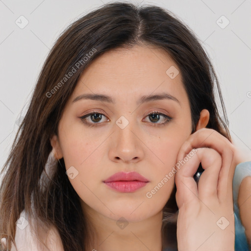 Neutral white young-adult female with medium  brown hair and brown eyes