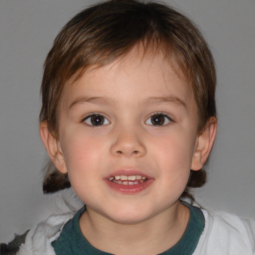 Joyful white child male with medium  brown hair and brown eyes