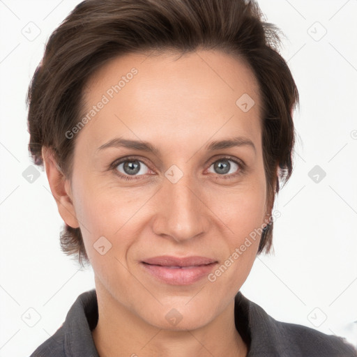 Joyful white adult female with medium  brown hair and grey eyes