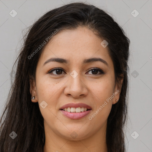 Joyful asian young-adult female with long  brown hair and brown eyes