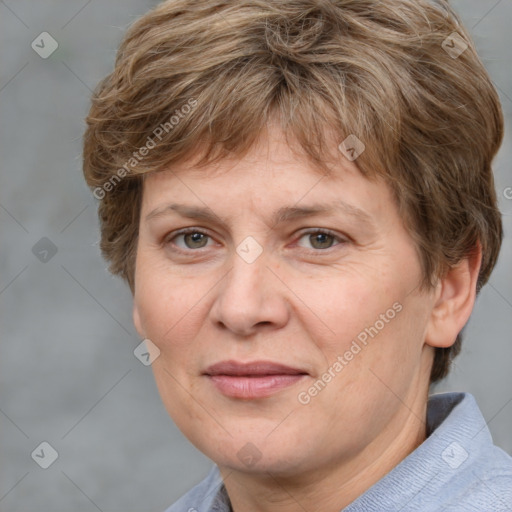 Joyful white adult female with short  brown hair and brown eyes