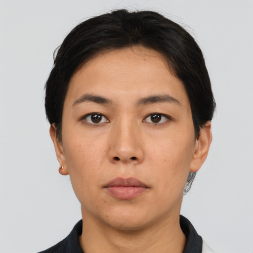 Neutral asian young-adult female with short  black hair and brown eyes