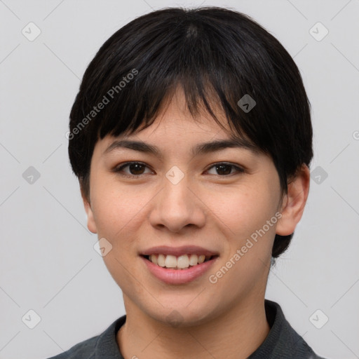 Joyful asian young-adult female with short  brown hair and brown eyes