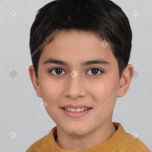 Joyful white child male with short  brown hair and brown eyes