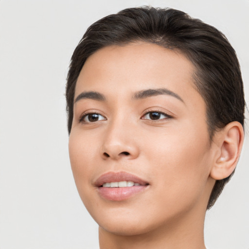 Joyful white young-adult female with medium  brown hair and brown eyes