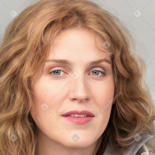 Joyful white young-adult female with long  brown hair and green eyes