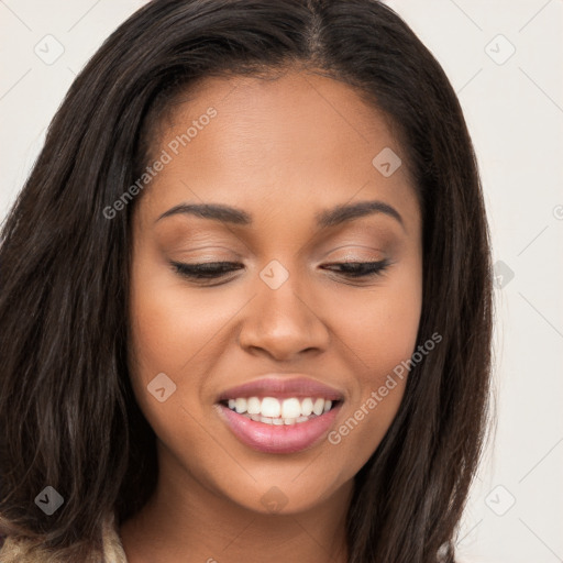 Joyful latino young-adult female with long  brown hair and brown eyes