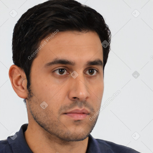 Neutral latino young-adult male with short  black hair and brown eyes