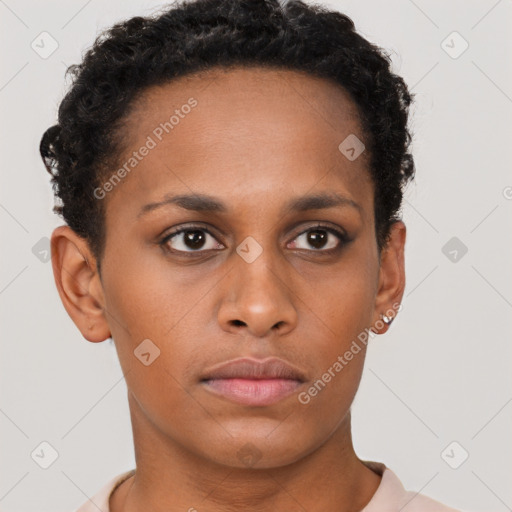 Neutral black young-adult female with short  brown hair and brown eyes