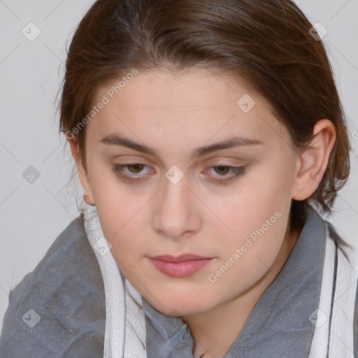 Neutral white young-adult female with medium  brown hair and brown eyes