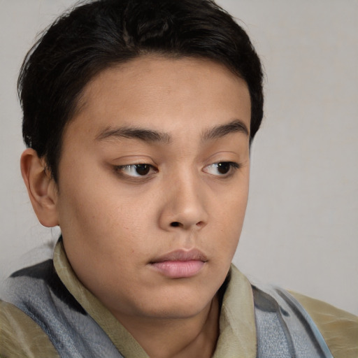 Neutral asian young-adult female with short  brown hair and brown eyes