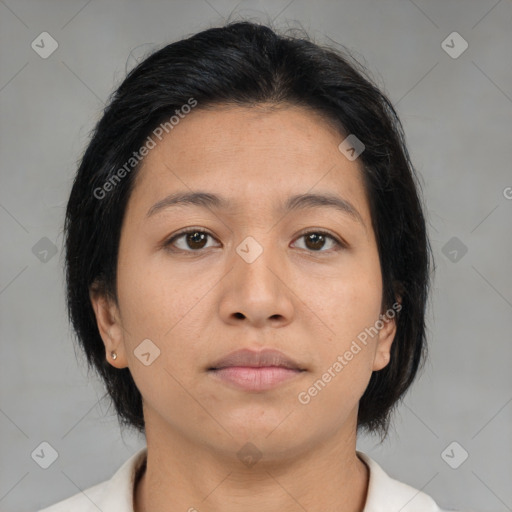 Neutral asian young-adult female with medium  brown hair and brown eyes