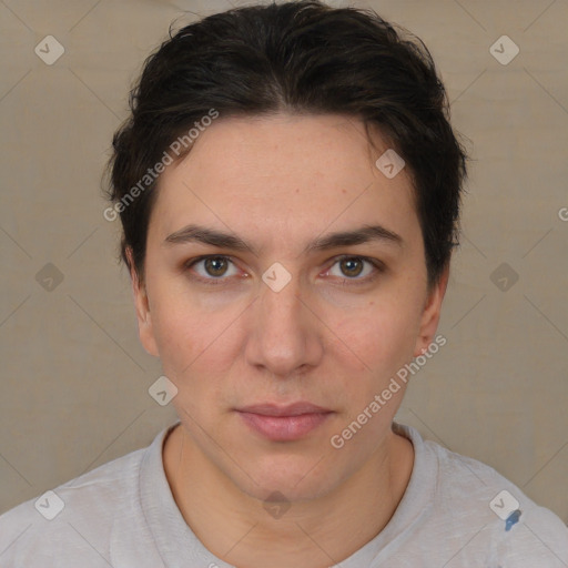 Neutral white young-adult female with short  brown hair and brown eyes