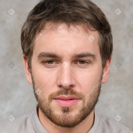 Neutral white young-adult male with short  brown hair and grey eyes