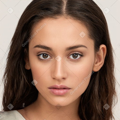 Neutral white young-adult female with long  brown hair and brown eyes