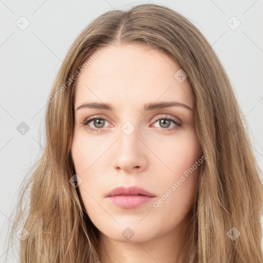 Neutral white young-adult female with long  brown hair and grey eyes